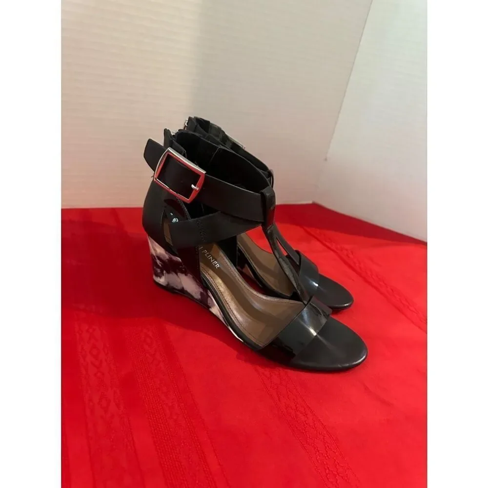 Donald J. Pliner Black/White Strappy Wedge Sandals with Buckle Size 7N